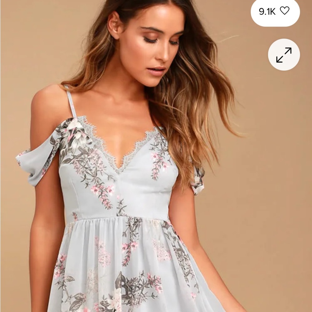 Lulus Light Blue Floral Lace-Trim Cold-Shoulder Dress